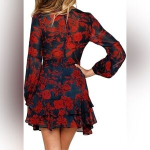 Women Long Sleeve V Neck Dress Size Small Floral Mini Swing Ruffles